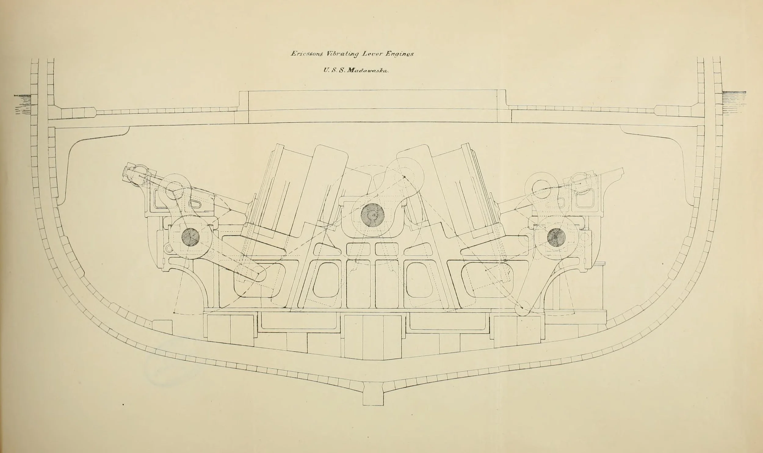 Illustration of the Ericsson vibrating lever engine of USS Madawaska in Bennett