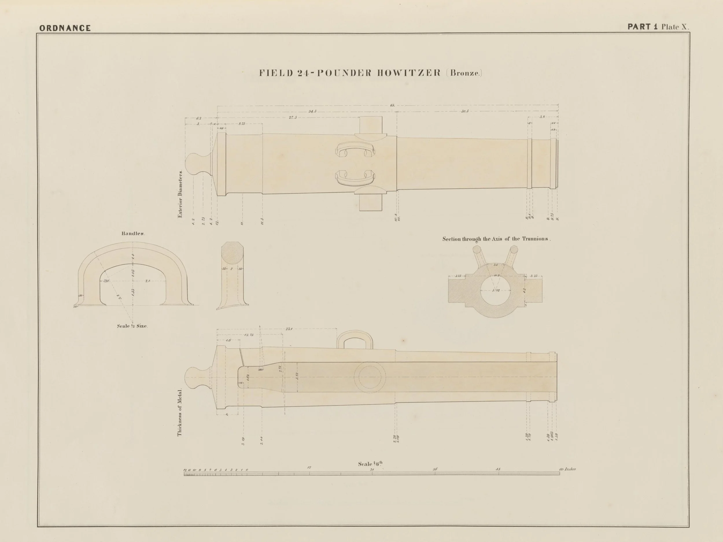 Illustration of the 24-Pounder Field Howitzer from Mordecai, Alfred. Artillery for the United States Land Service, 1849