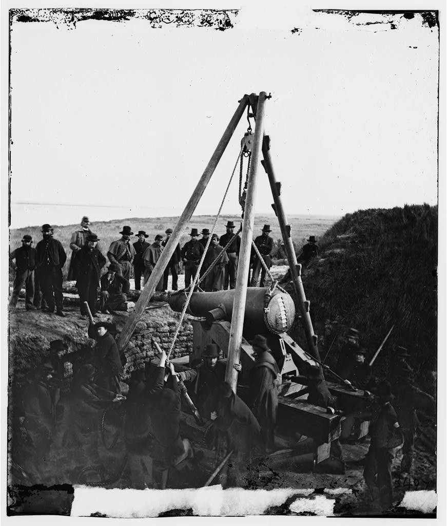 A 10-Inch Confederate Columbiad being lifted from its carriage at Fort McAllister near the end of the war.  The Confederate Columbiad adopted Rodman’s breech design.