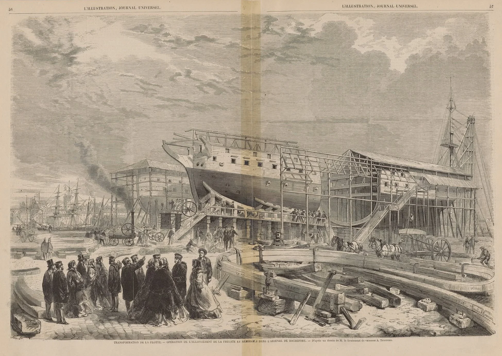 1850s illustration of a French frigate being lengthened for the purpose of adding steam machinery.