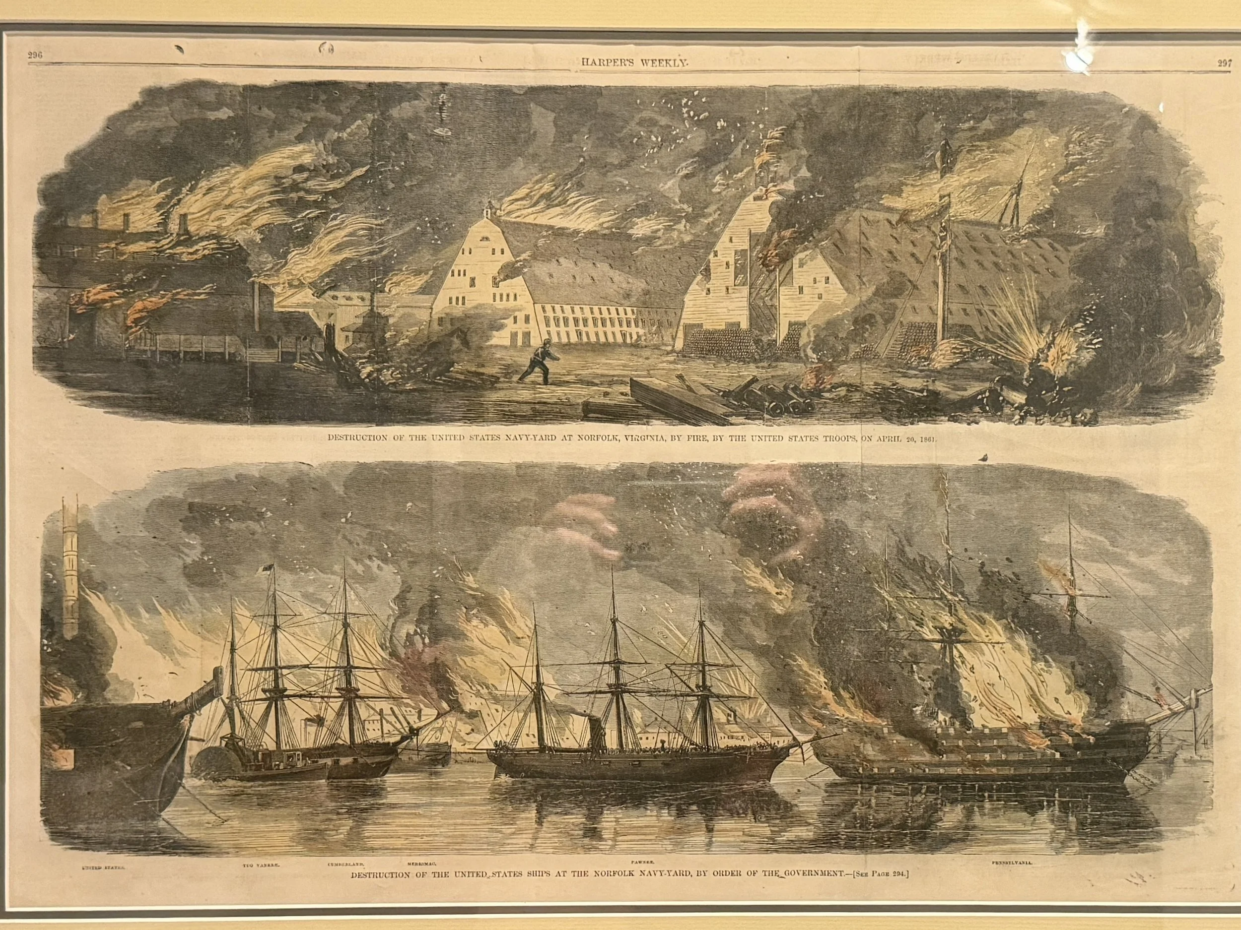 Harper’s Weekly Illustration (Hand Colored) of the bonfire at Norfolk.  In the bottom illustration, USS Pawnee leads USS Cumberland and the tug Yankee past the burning Pennsylvania.  Displayed at the Hampton Roads Naval Museum