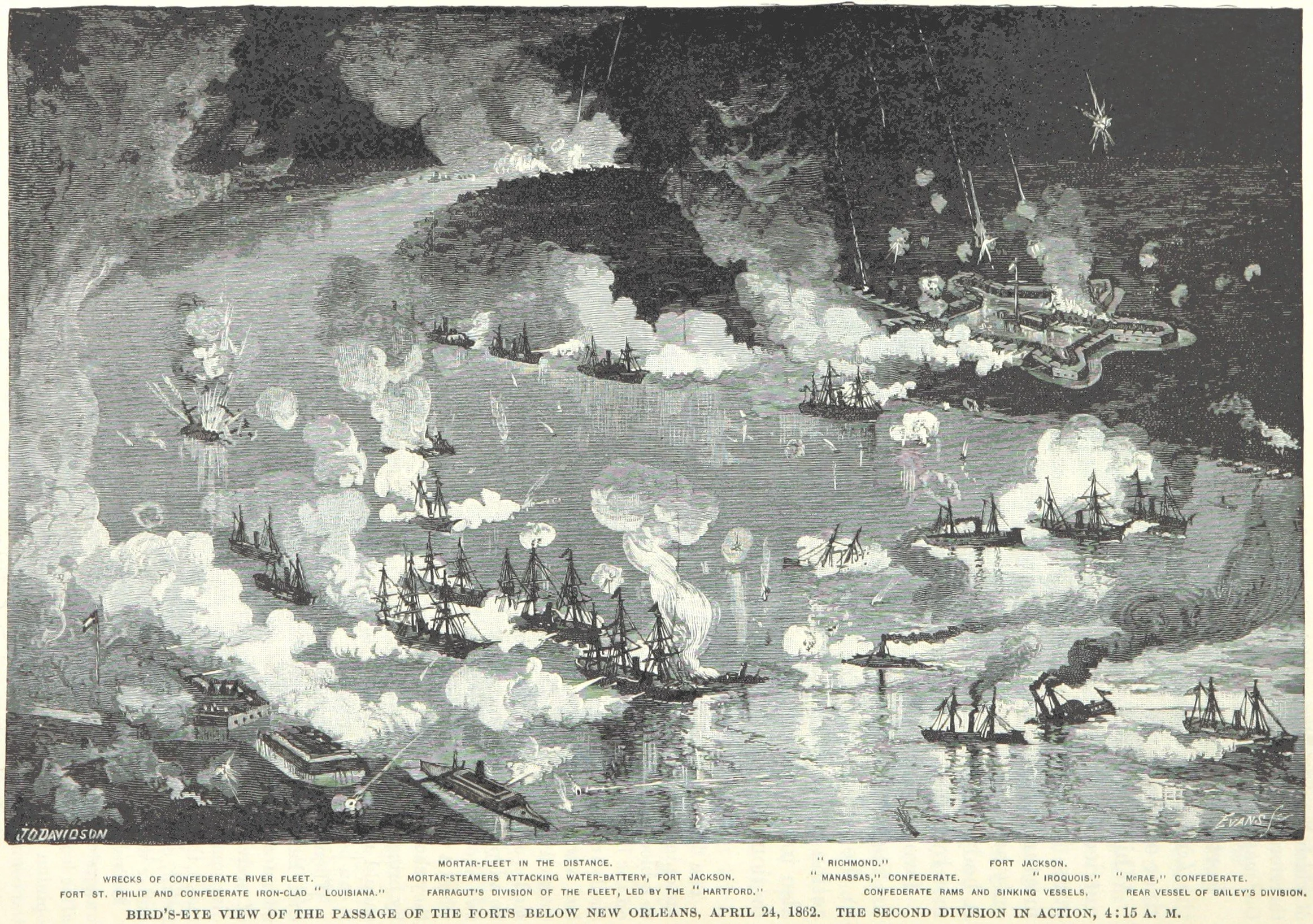 Illustration of the Battle of Forts Jackson and St. Philip.  CSS Louisiana is depicted at the bottom of this image.