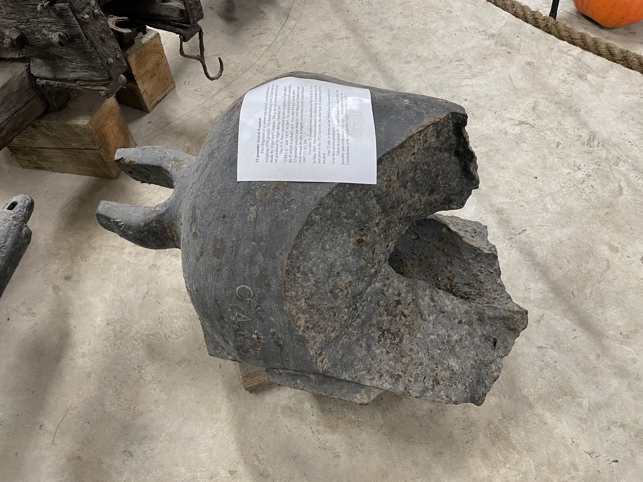 A fragment of the breech of Number 34 at Fort Branch is all that remains of sixty-six 32-Pounders of 46 Hundredweight which were cast in 1846 for the frigates USS Constitution and USS United States.