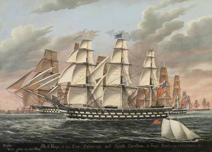 Painting showing the US Navy ships of the Line USS Delaware and USS North Carolina along with frigates and smaller ships