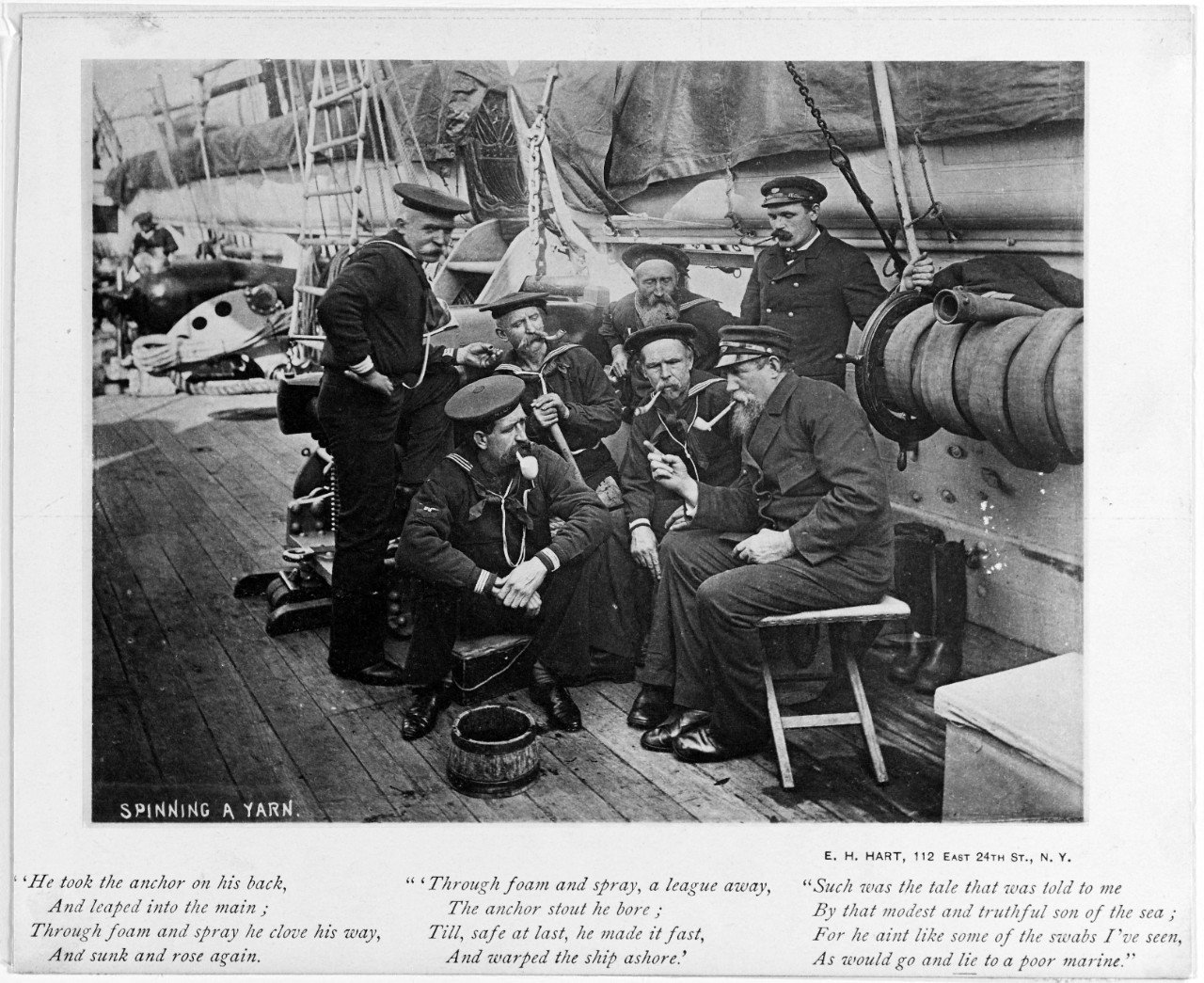 US Navy sailors “Spinning a Yarn” (telling stories) on the main deck beside the 9-Inch Dahlgren guns.  Naval History and Heritage Command Photo NH 47029