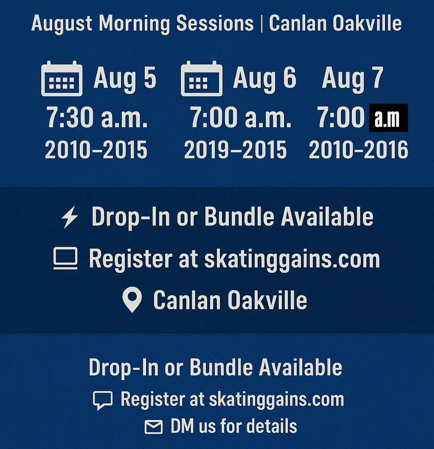 🚨 Next Week with Skating Gains! 🚨
Start your day on the ice and keep making progress this summer! 💥⛸️

📍 Location: Canlan Oakville

🗓️ August 5 &mdash; 7:30 a.m. | Birth Years 2010&ndash;2015
🗓️ August 6 &mdash; 7:00 a.m. | Birth Years 2019&nda