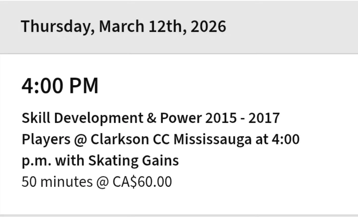 🚨 Last-Minute Skating Session 🚨

📍 Clarkson Community Centre

🕓 Tomorrow at 4:00 PM

For 2015&ndash;2017 born skaters.
Few spots still available! 🏒

Register online at skatinggains.com or
Message me if your player wants to join.