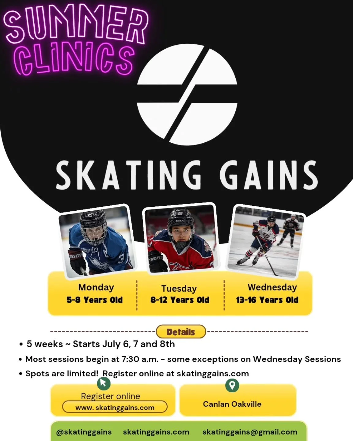 ☀️🏒 Summer Power Skating Clinics Are Here! 🏒☀️

Keep your skating sharp and make big gains this summer with our 5-week Power Skating Program!

🔥 1 hour session per week for 5 weeks
🔥 Focus on speed, edges, stride, balance &amp; confidence
🔥 Grea