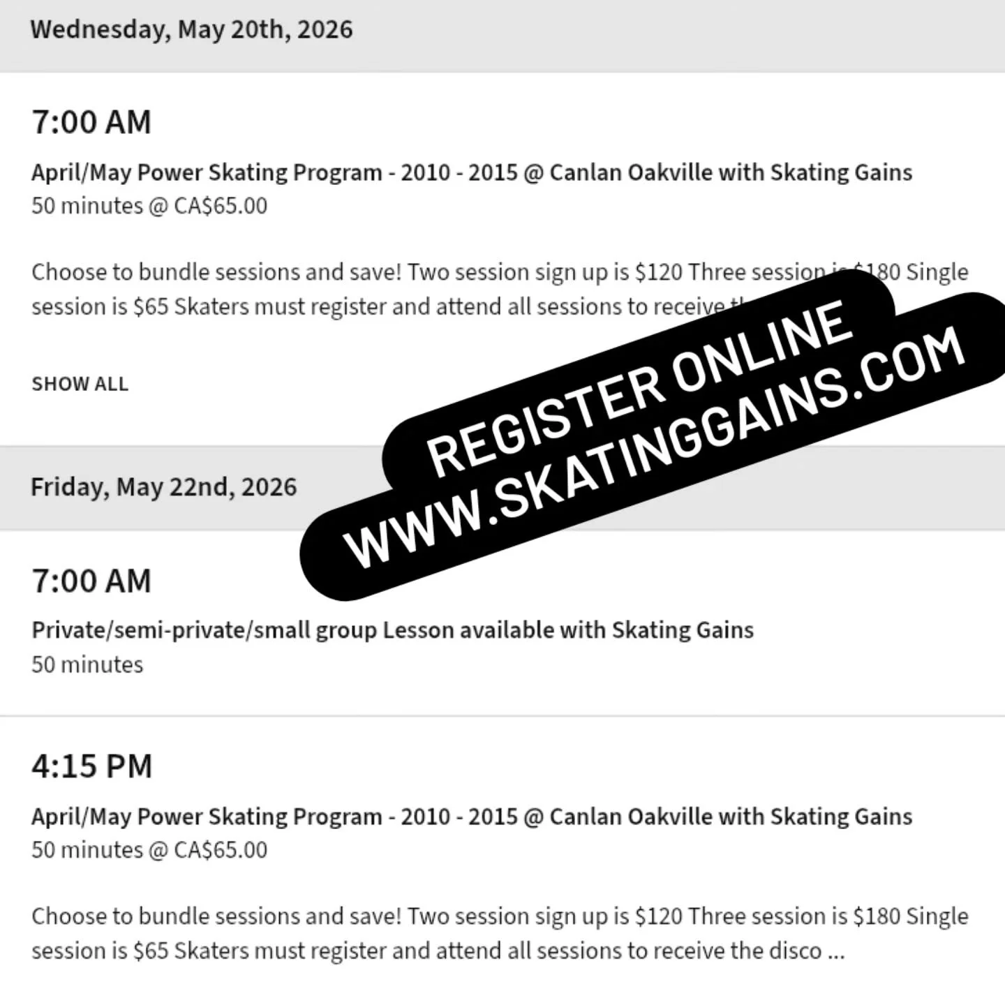 🚨 Skating Gains Sessions This Week 🚨

We&rsquo;ve got 4 upcoming sessions this week &mdash; spots are limited! 👊⛸️

📍 Wednesday, May 20
2010&ndash;2015
🕖 7:00 a.m.
📍 Canlan Oakville 

📍 Friday, May 22
Private / Semi-Private / Small Group Sessi