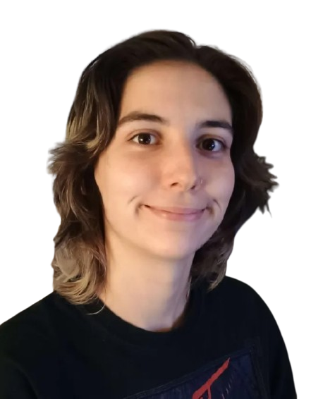 A person with shoulder length brown hair and blonde tips wearing a black t-shirt