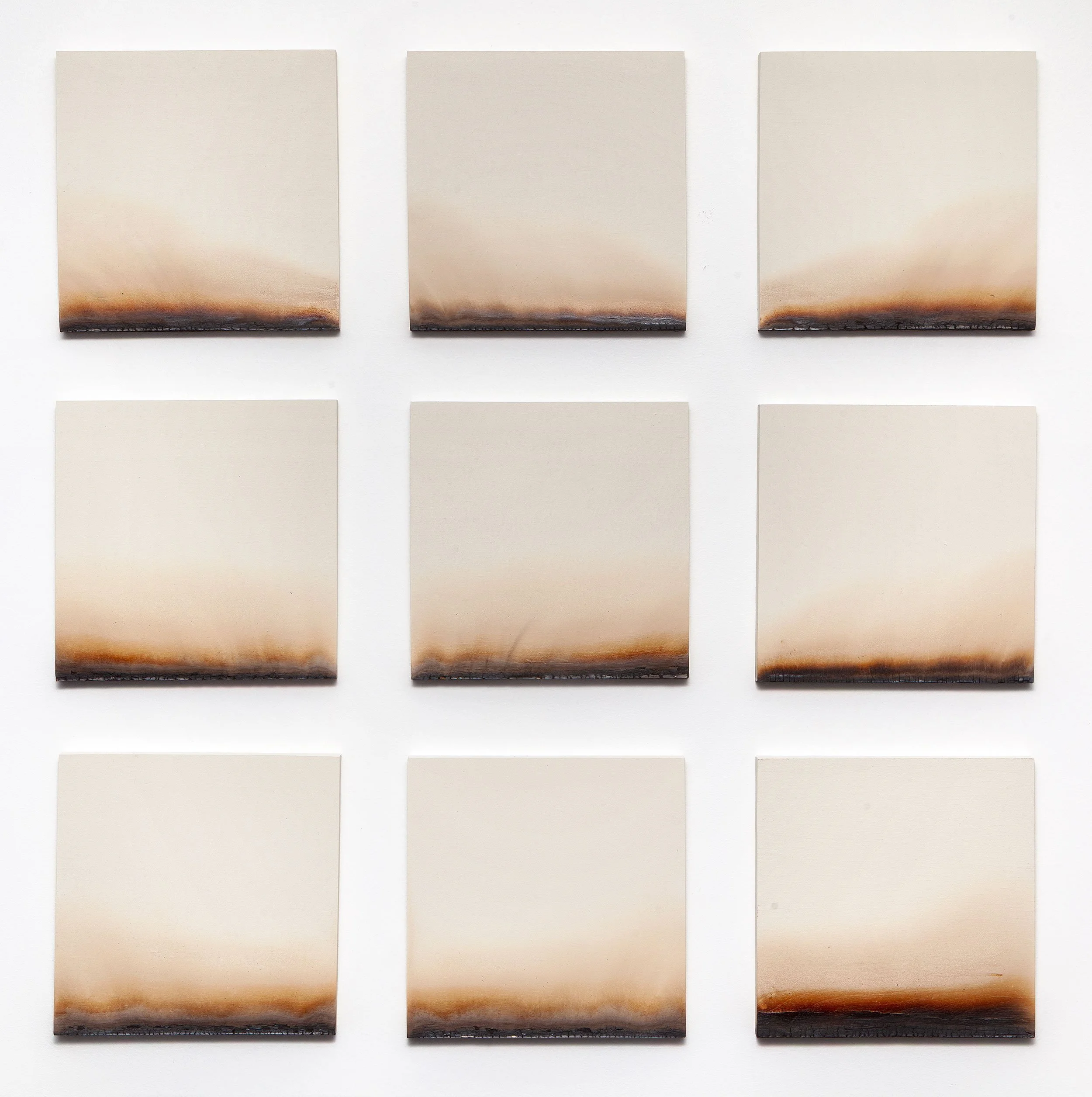 Edge Burns No. 4 2025 | Fire and acrylic on wood panels, 34 x 34 inches