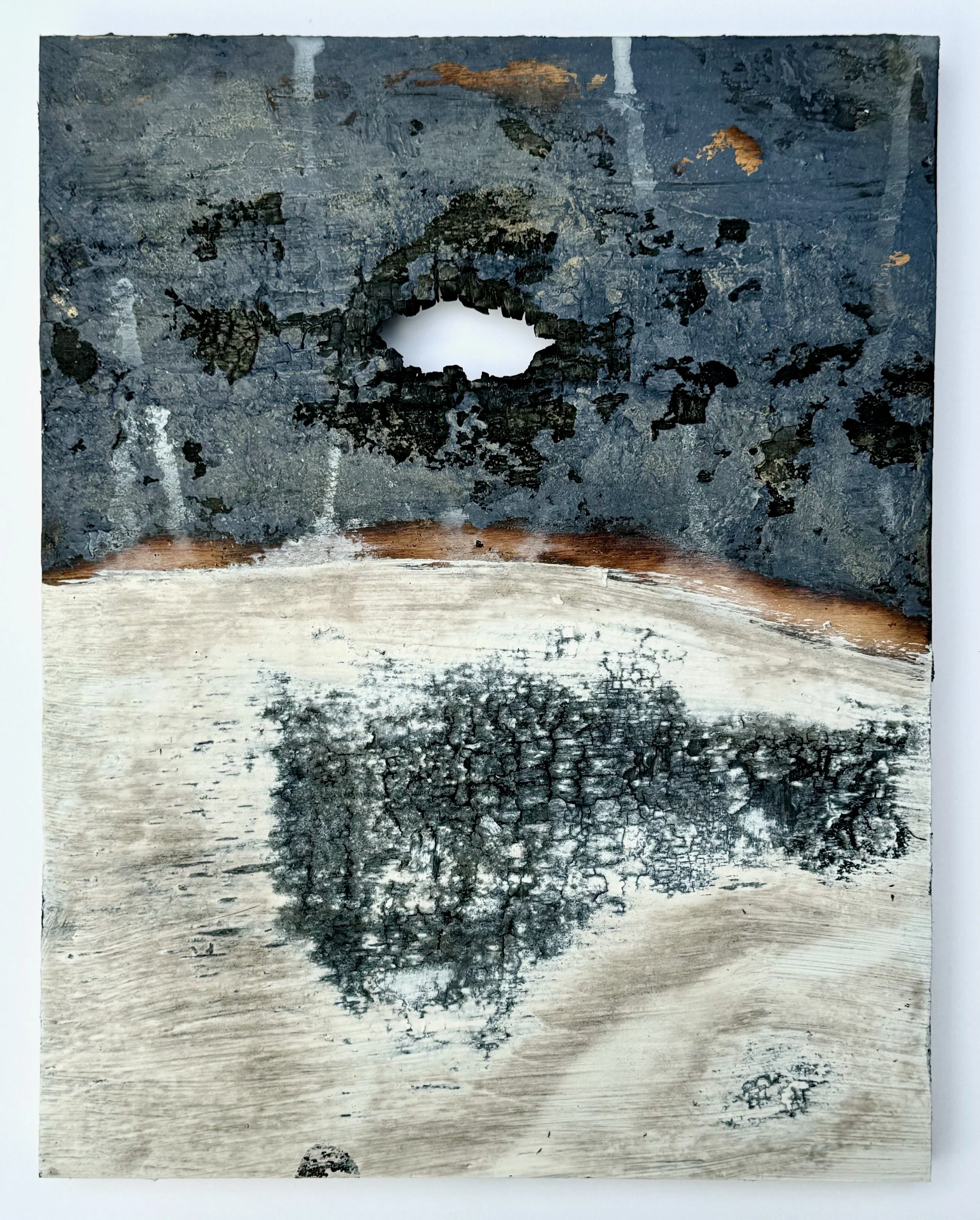 Two Fields 31 2025 | Fire and acrylic on wood, 14 x 11 inches