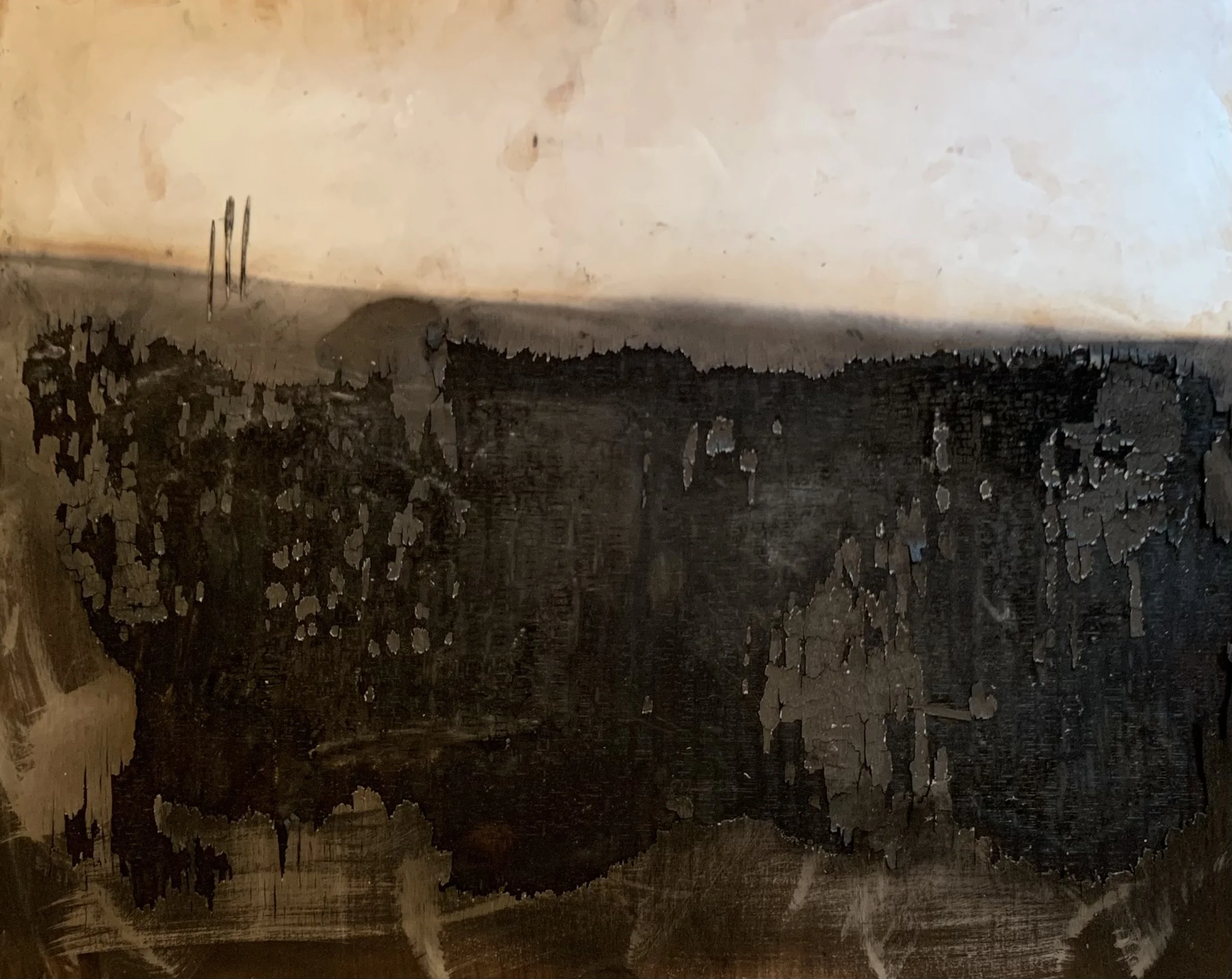 Two Fields b 2022 | Fire and acrylic on wood, 23 x 30 inches 
