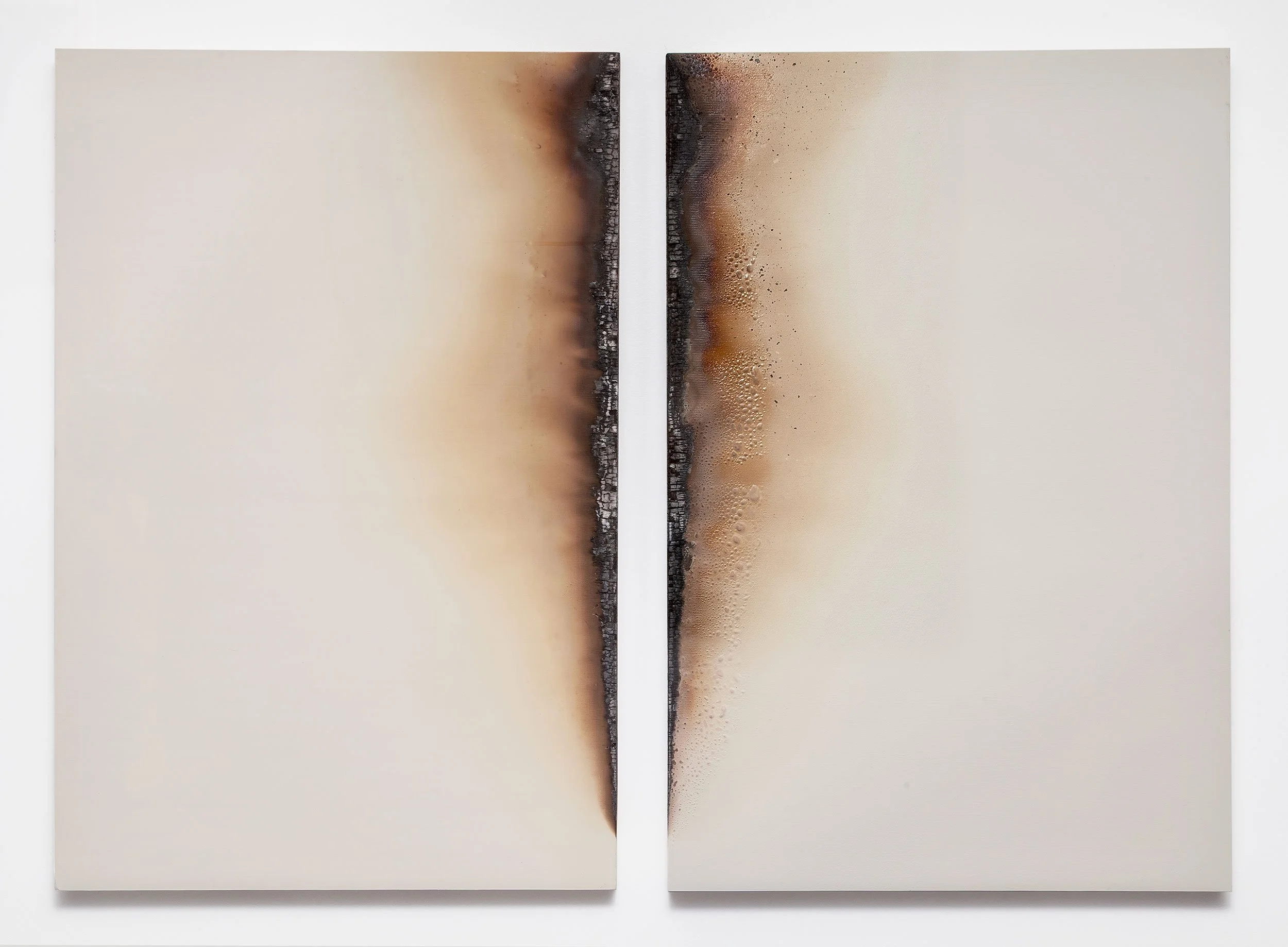 Edge Burns No. 5 2025 | Fire and acrylic on wood panel, 36 x 50 inches