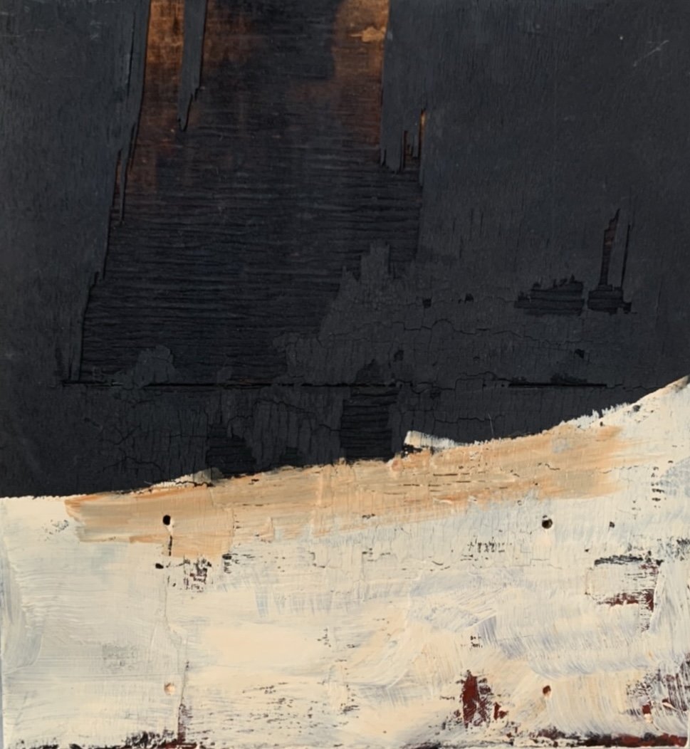 Two Fields a 2022 | Fire and acrylic on wood, 12 x 12 inches
