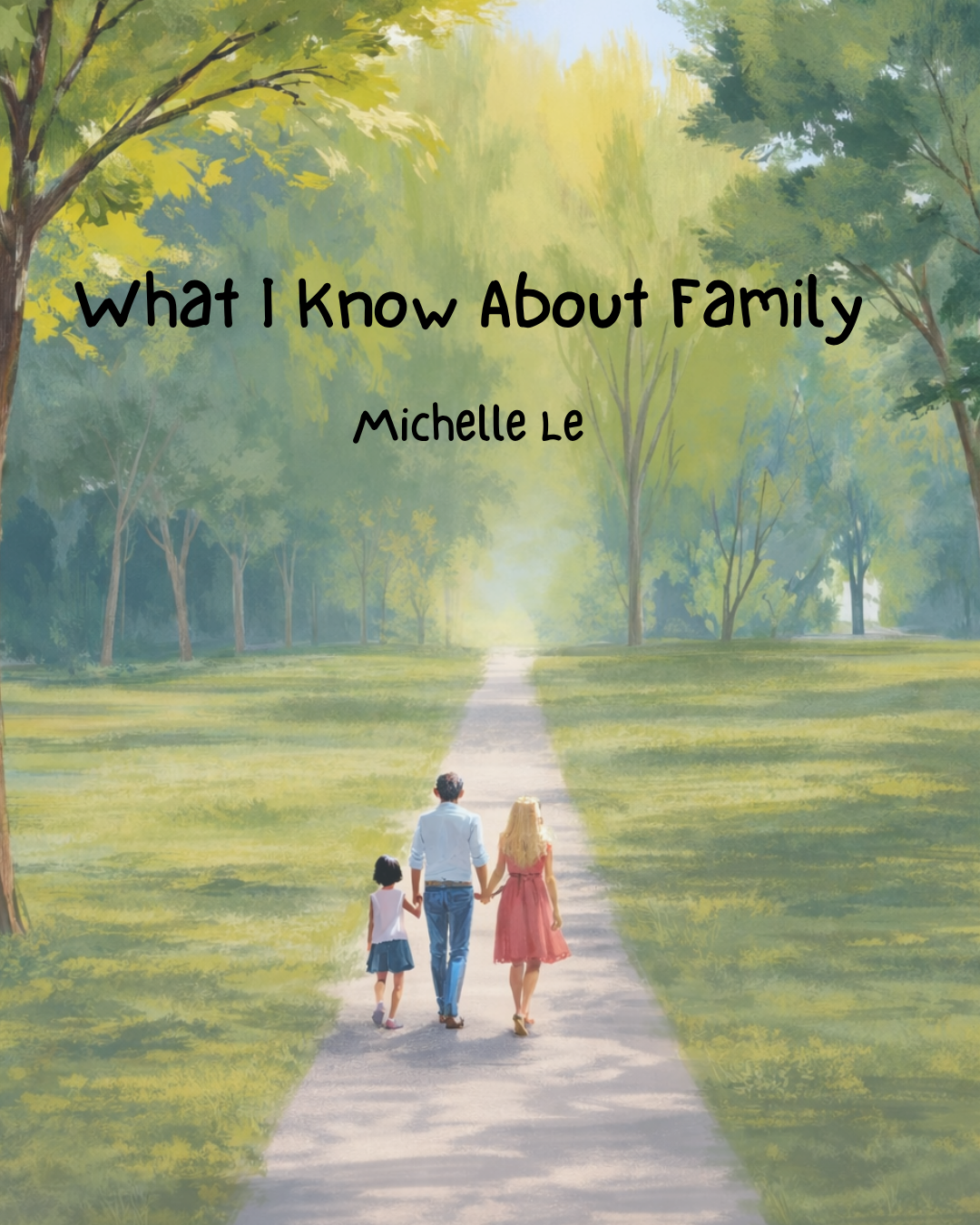 Book cover titled 'What I Know About Family' by Michelle Le, featuring a family walking hand in hand along a tree-lined park path, with sunlight filtering through the trees.