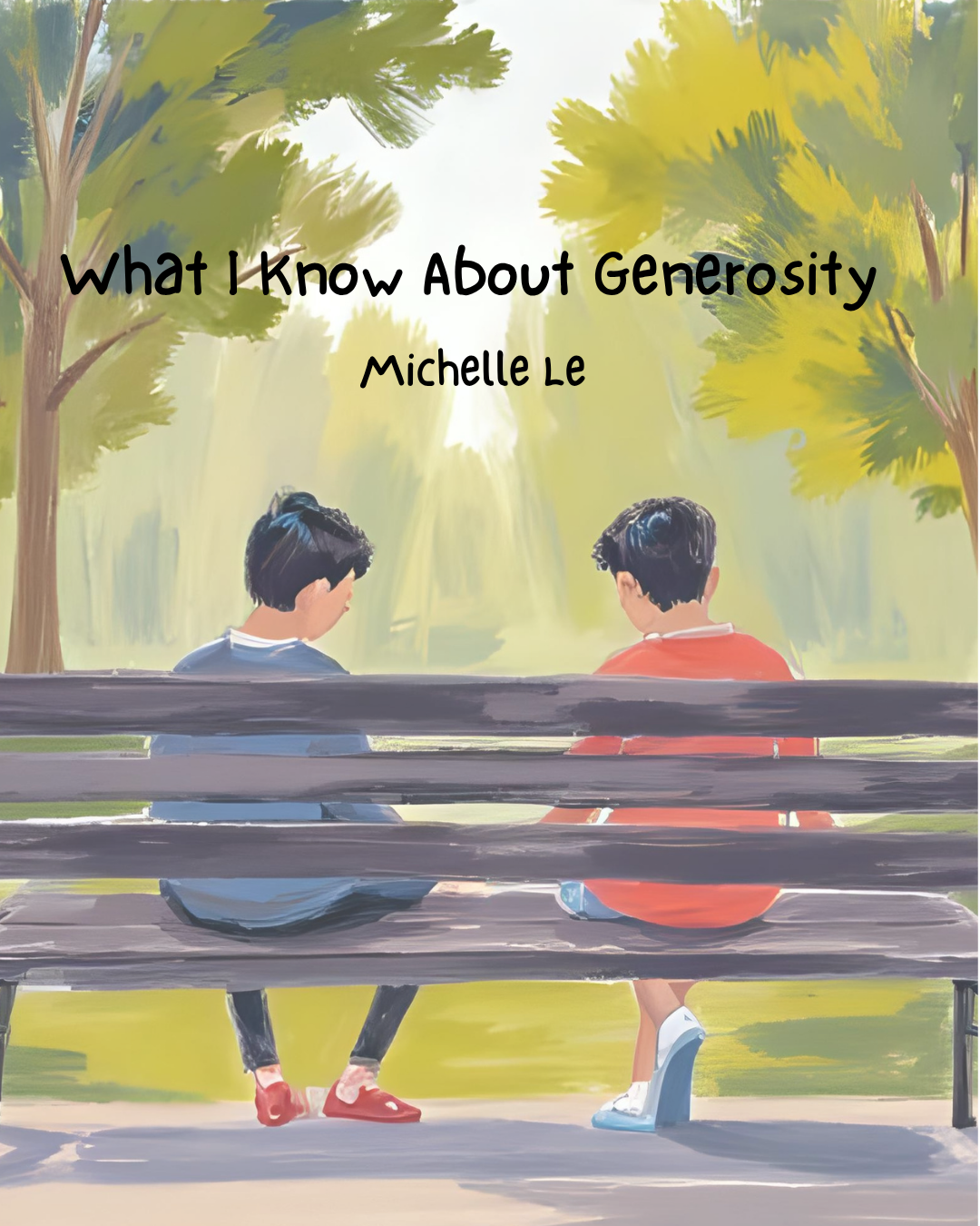 Book cover titled 'What I Know About Generosity' by Michelle Le, featuring two children sitting on a park bench, talking. The background has a bright, sunny atmosphere with trees and sunlight filtering through the leaves.