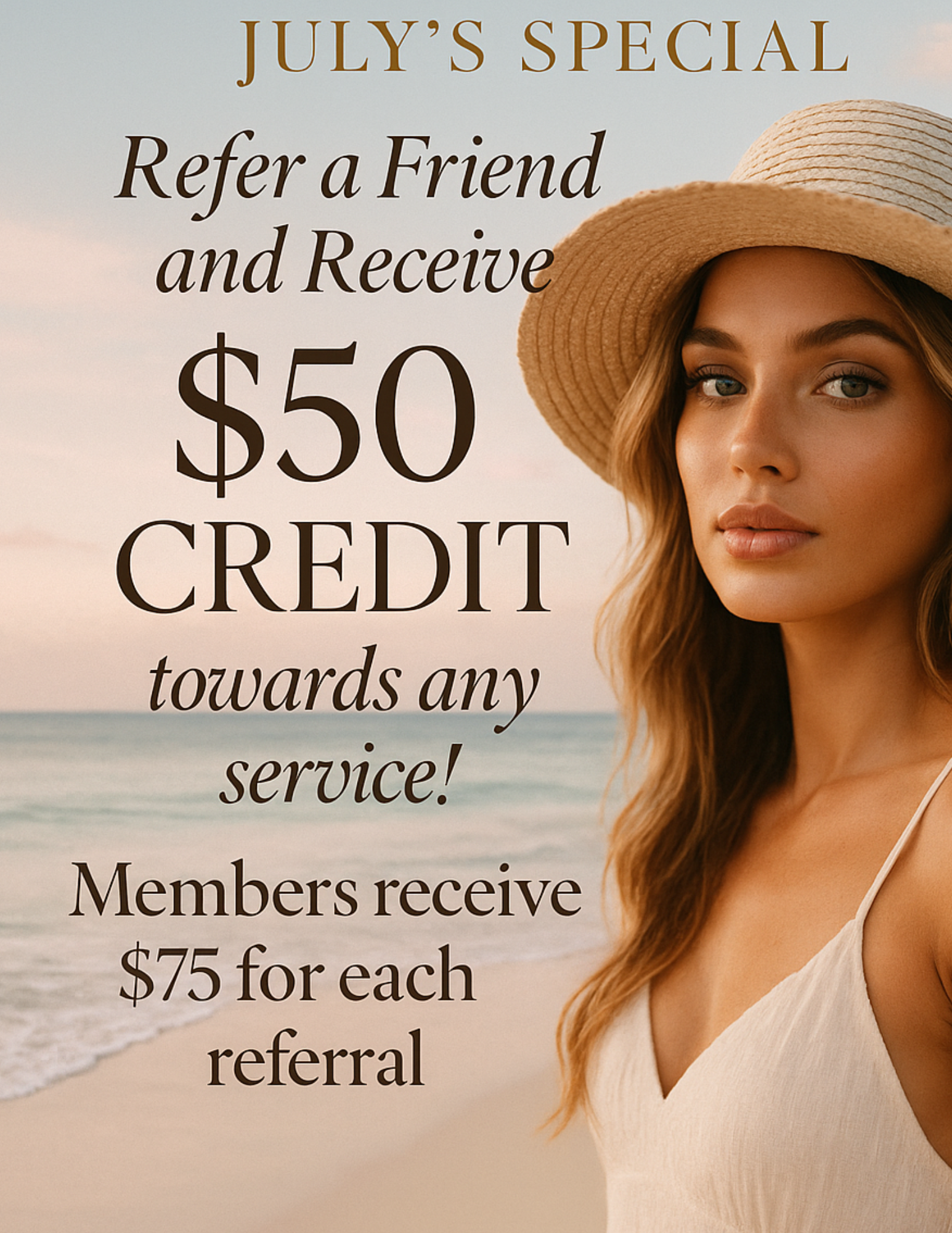 A promotional poster for July's special offering a $50 credit when referring a friend, with a background of a woman on the beach wearing a straw hat.