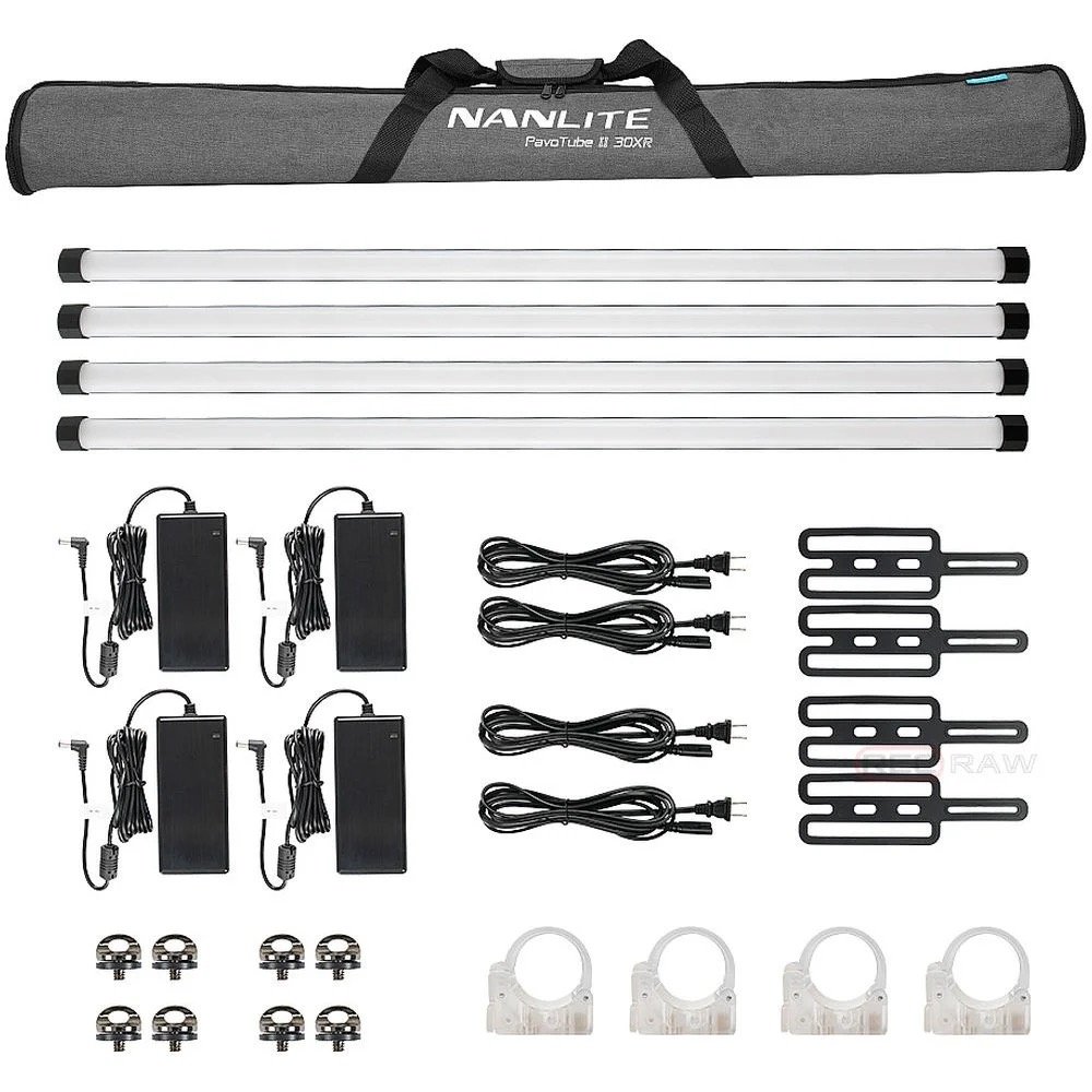 A lighting kit with four light tubes, a carrying case, five power adapters, multiple extension cables, four mounting brackets, and several clips.