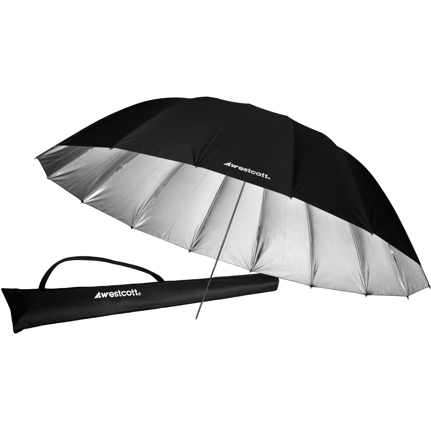 A black and silver Westcott umbrella with a black carrying case.