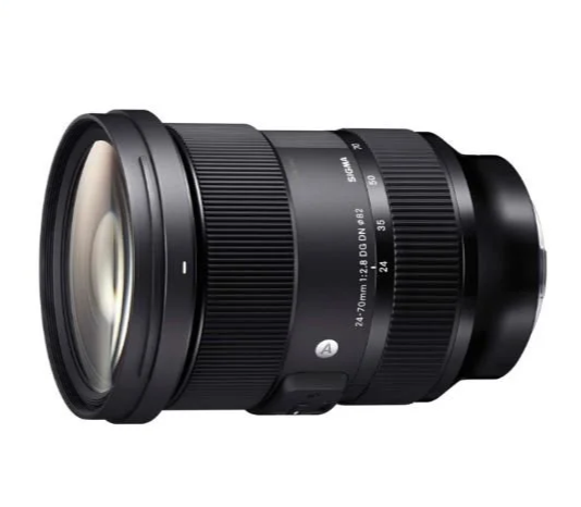 Close-up of a black camera zoom lens with focal length markings from 24 to 70mm.