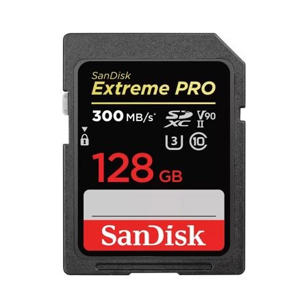 SanDisk Extreme PRO 128GB SD card with 300MB/s speed and V90 UHS-II ratings.