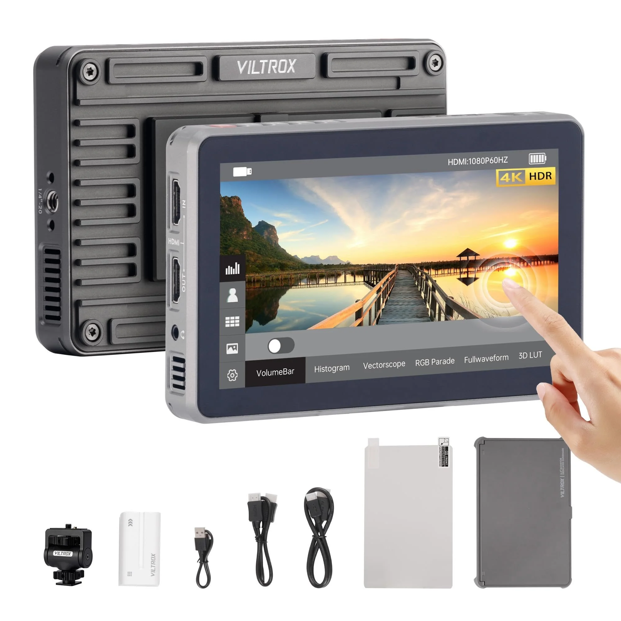A camera with accessories including batteries, charging cables, and mounting hardware.