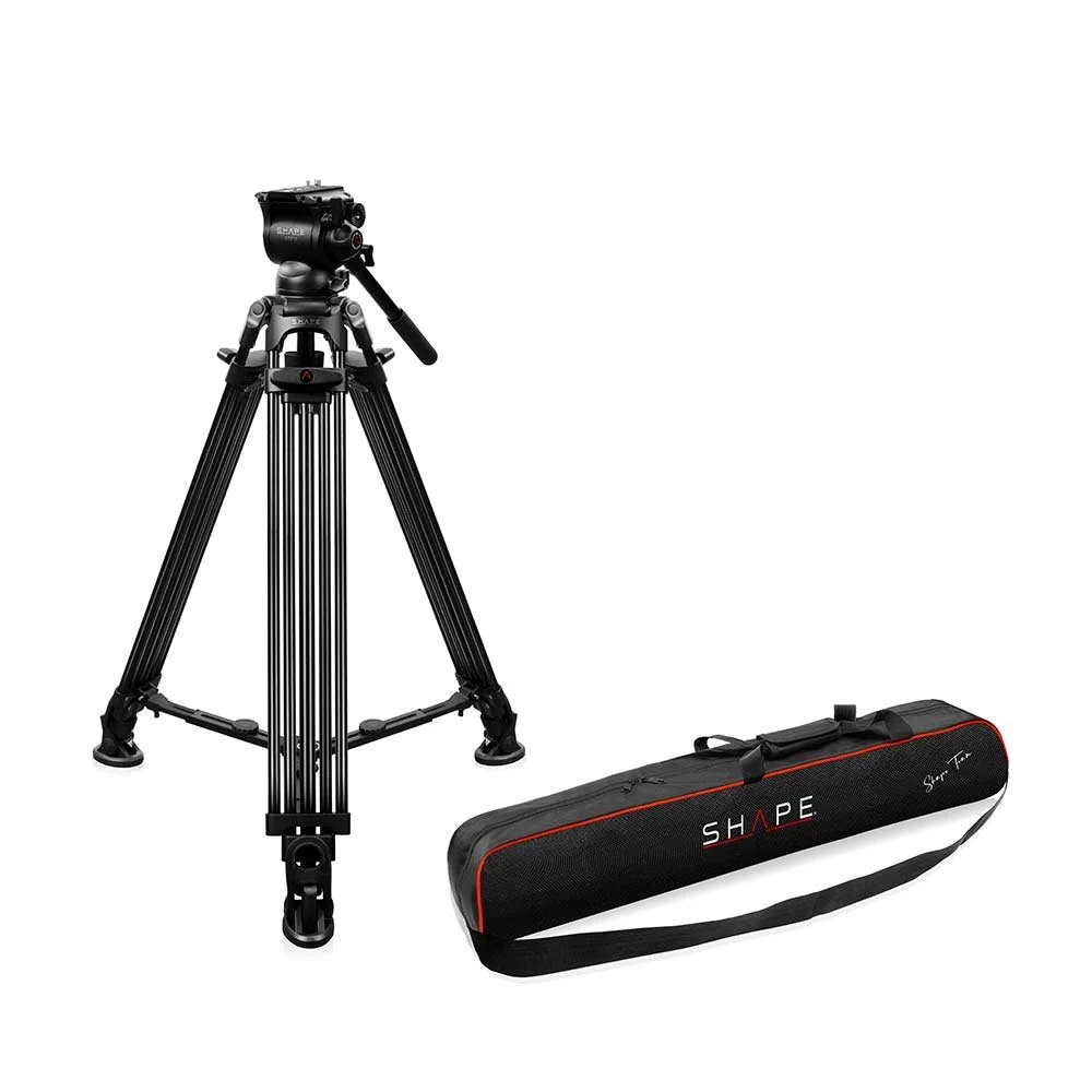 A professional camera tripod and a black carrying case with red accents and the word 'SHAPE' printed on it.