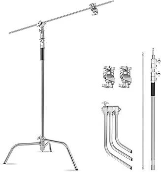 Illustration of photography equipment including a light stand, a boom arm with a clamp, and several cables and connectors.