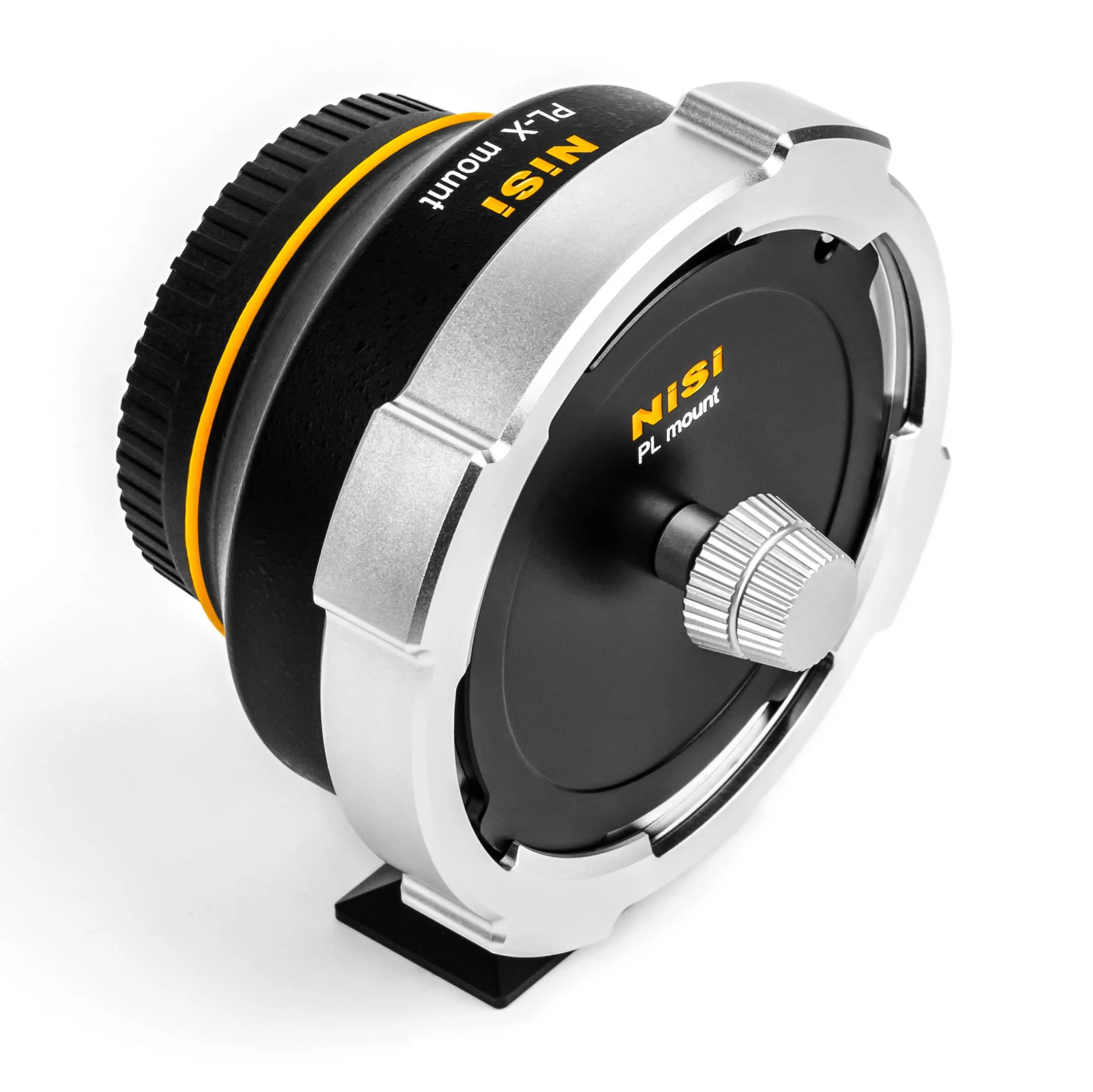Close-up of a Nikon PL Mount camera lens adapter with black, silver, and yellow accents on a white background.