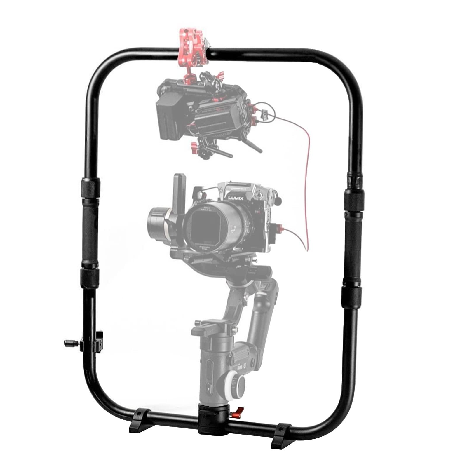 Camera mounted on a stabilizer rig within a protective frame.