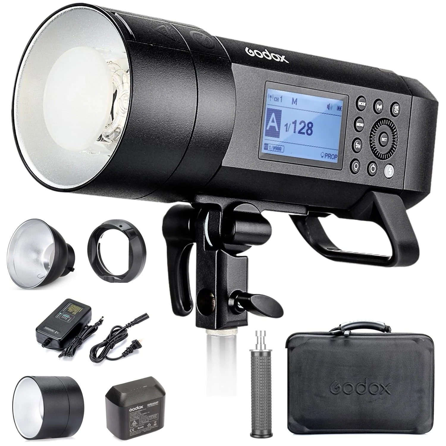 Godox photographic lighting kit with lamp, power supply, battery, bag, and accessories.