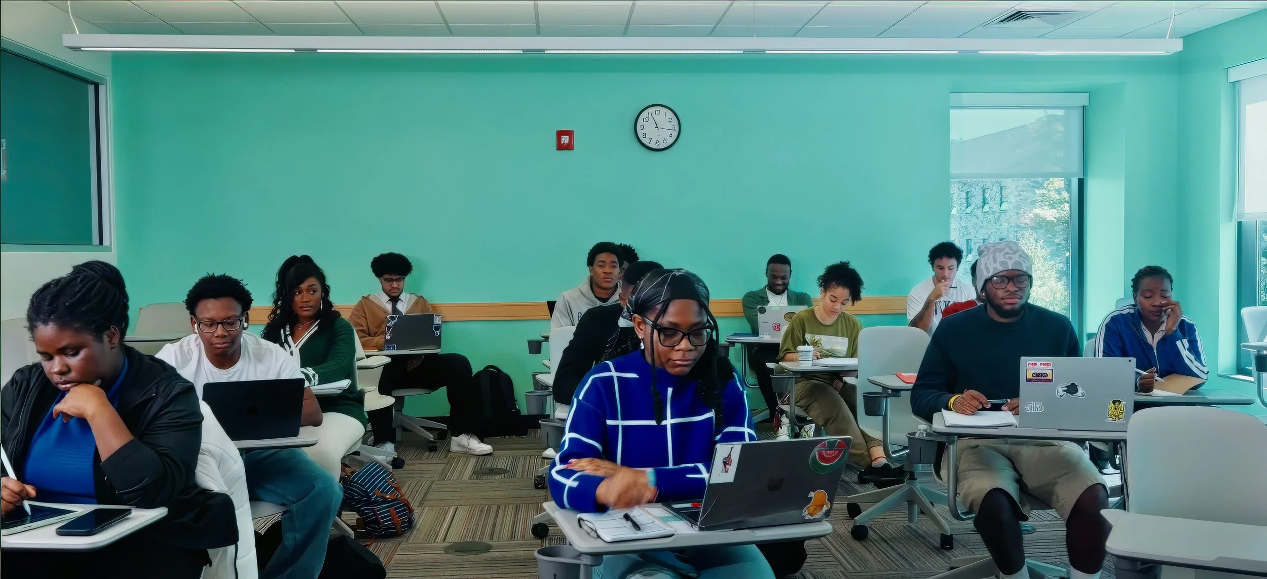 A diverse group of students in a classroom, sitting at desks with laptops, engaged in their work. The room has large windows, teal walls, and a clock on the wall.