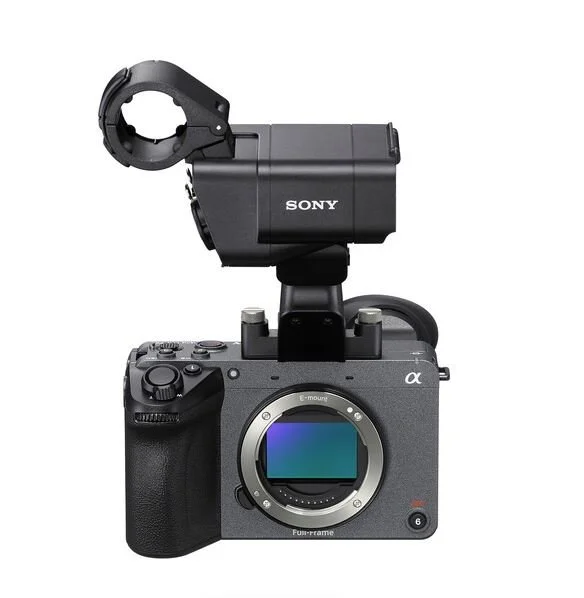 A Sony mirrorless camera with a mounted electronic viewfinder.