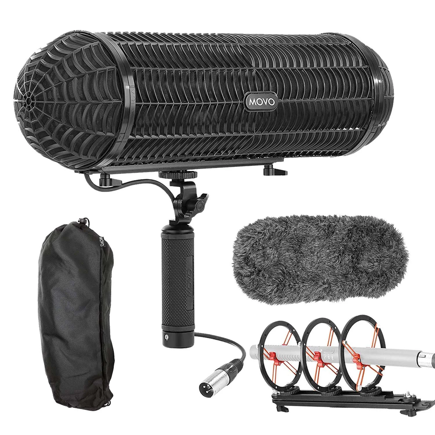 Camera equipment including a large black microphone with a windscreen, a tripod with a mounted microphone, a gray fuzzy windscreen, a black carrying bag, and a robotic device with three discs and an electronic component.