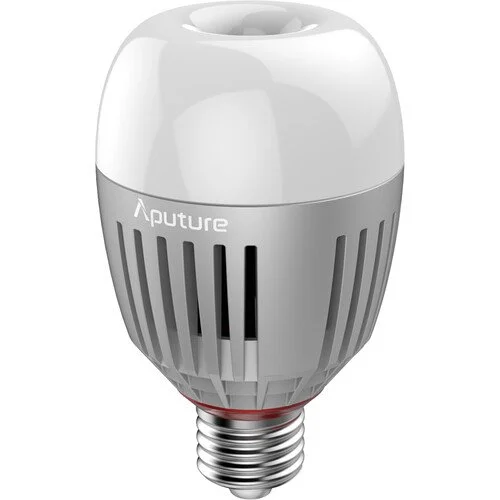 A smart LED light bulb with a modern design and ventilated outer shell.