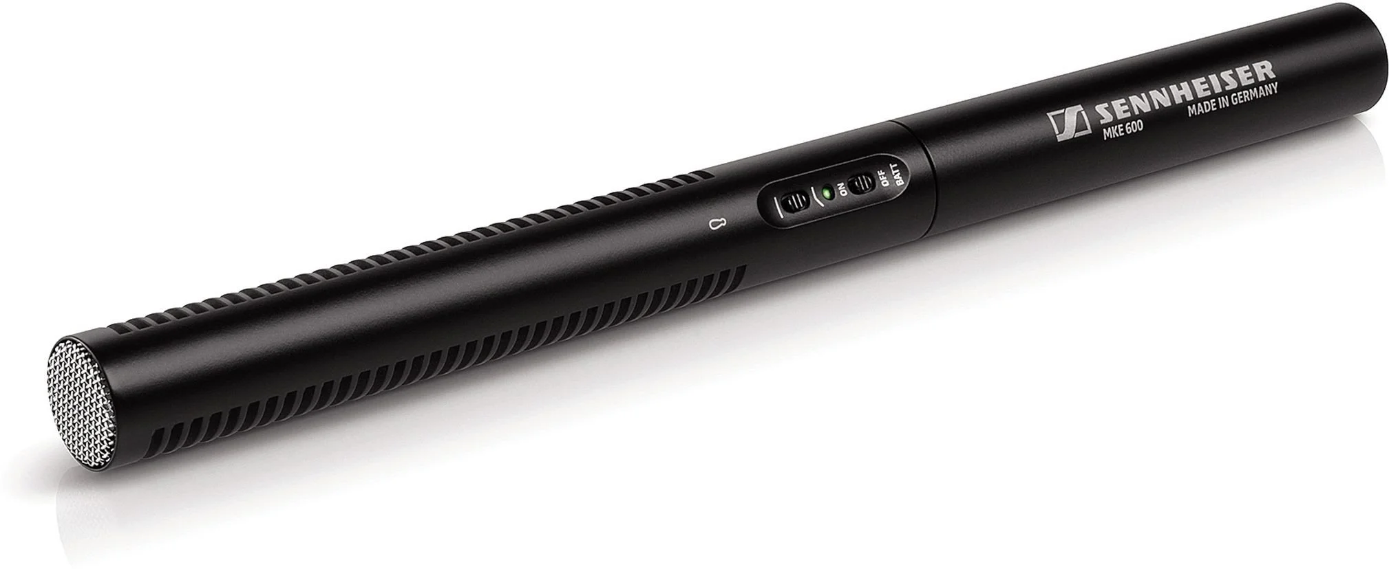 A black Sennheiser MKE 600 shotgun microphone with controls and indicators on its body.