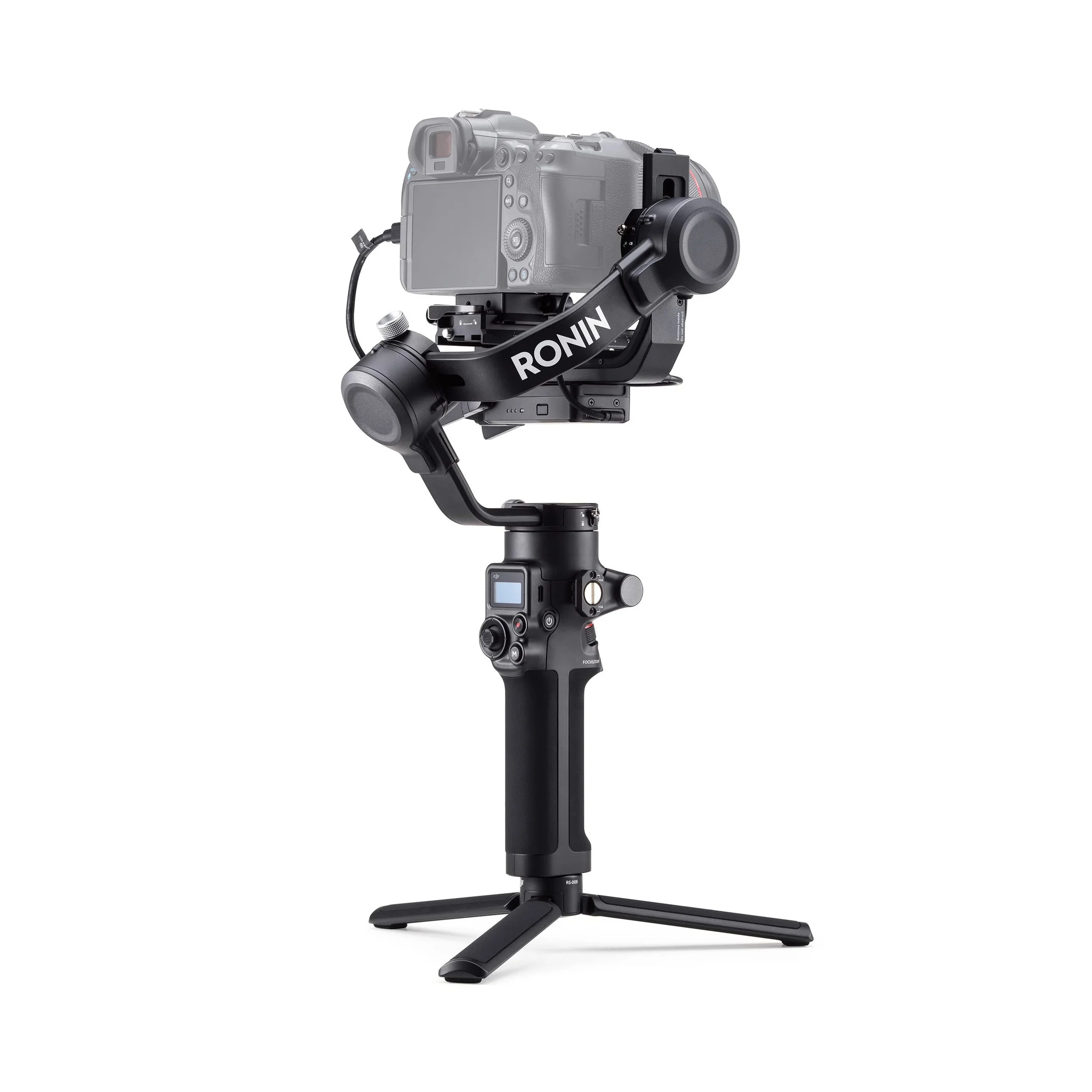 A camera mounted on a stability gimbal with a Ronin logo, set on a tripod stand against a plain white background.