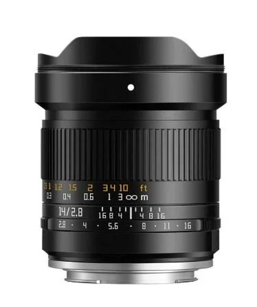 Close-up image of a camera lens with focus and distance markings.