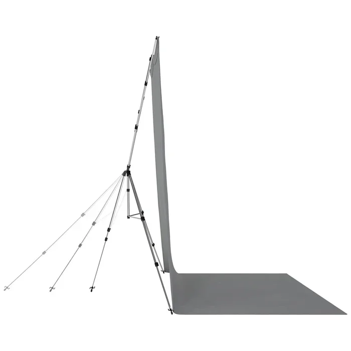 A photography backdrop support system with a gray backdrop attached, set up on a white background.