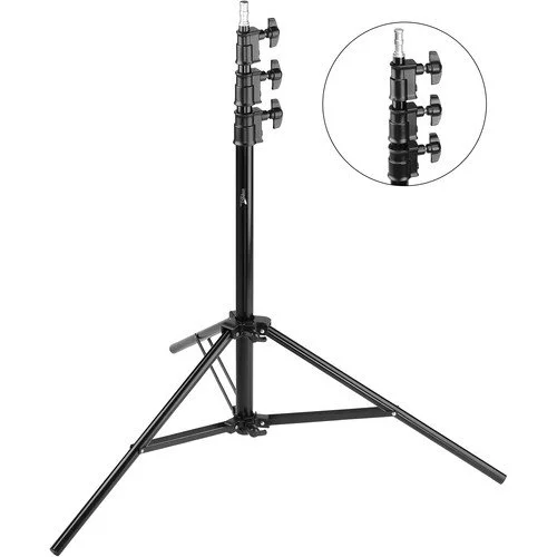 Lighting stand with adjustable top section and a circular inset showing a close-up of the attachment mechanism.