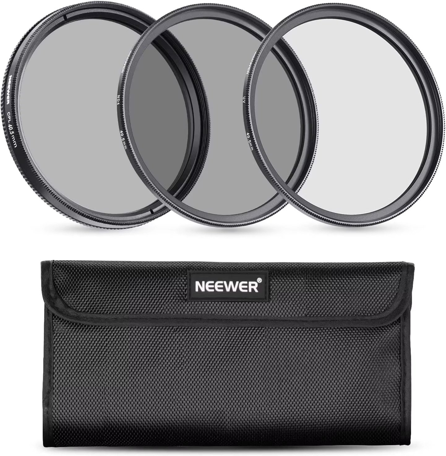 A set of three circular camera lens filters with protective case and a black carrying pouch, branded NEweer.