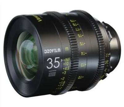 Close-up of a 35mm DZOFILM camera lens with focus and aperture adjustment rings.