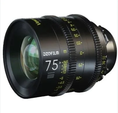 Close-up of a camera lens with measurement markings, displaying a focus distance of 75 meters.