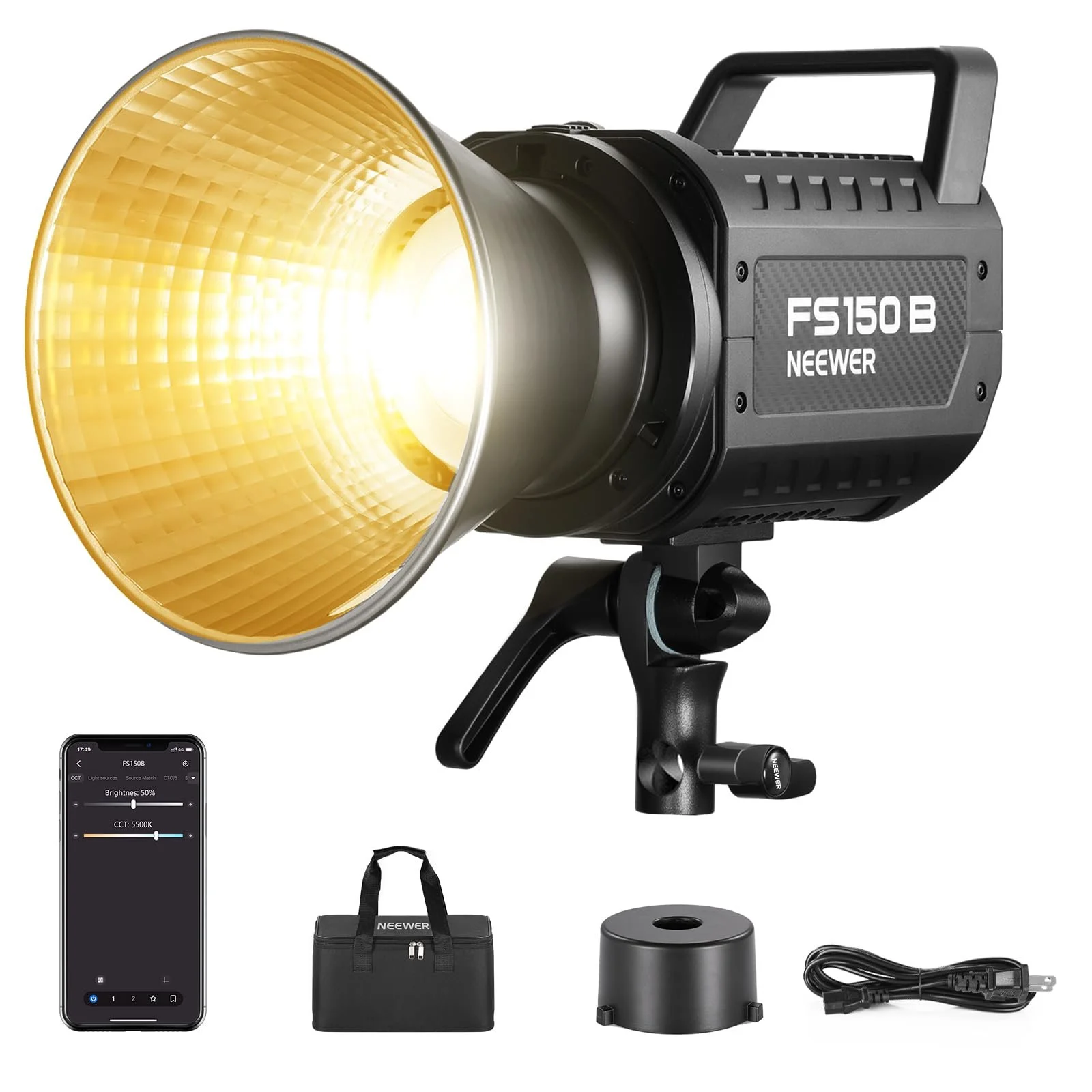 Studio LED light with adjustable brightness and color temperature, remote control, carrying bag, power adapter, and accessories.