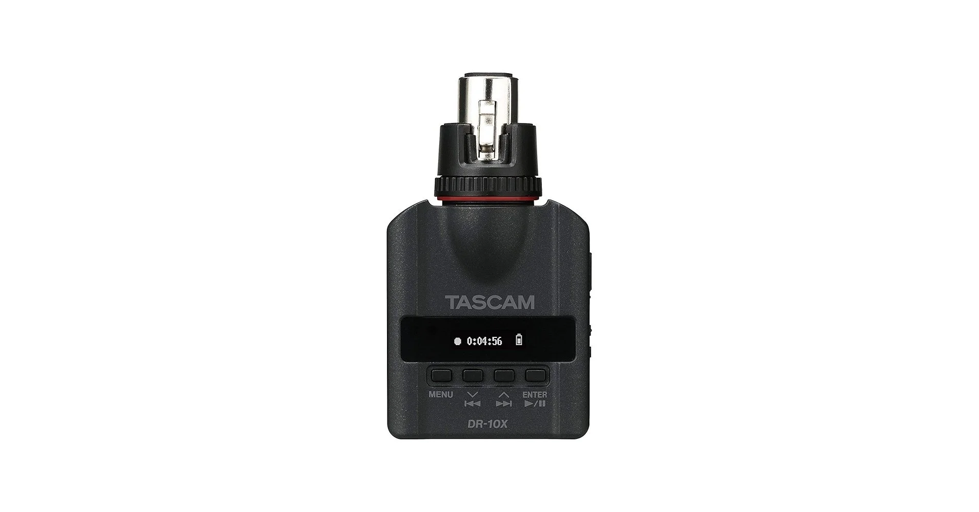 A Tascam DR-10X audio recorder with a microphone attachment on top, showing a digital display and control buttons on the front.