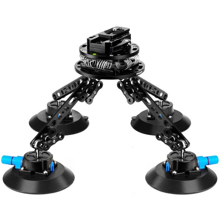 A robotic device with three legs, each equipped with a suction cup base and blue connectors, made of black metal and plastic parts, with a central circular component containing coils and electronic elements.