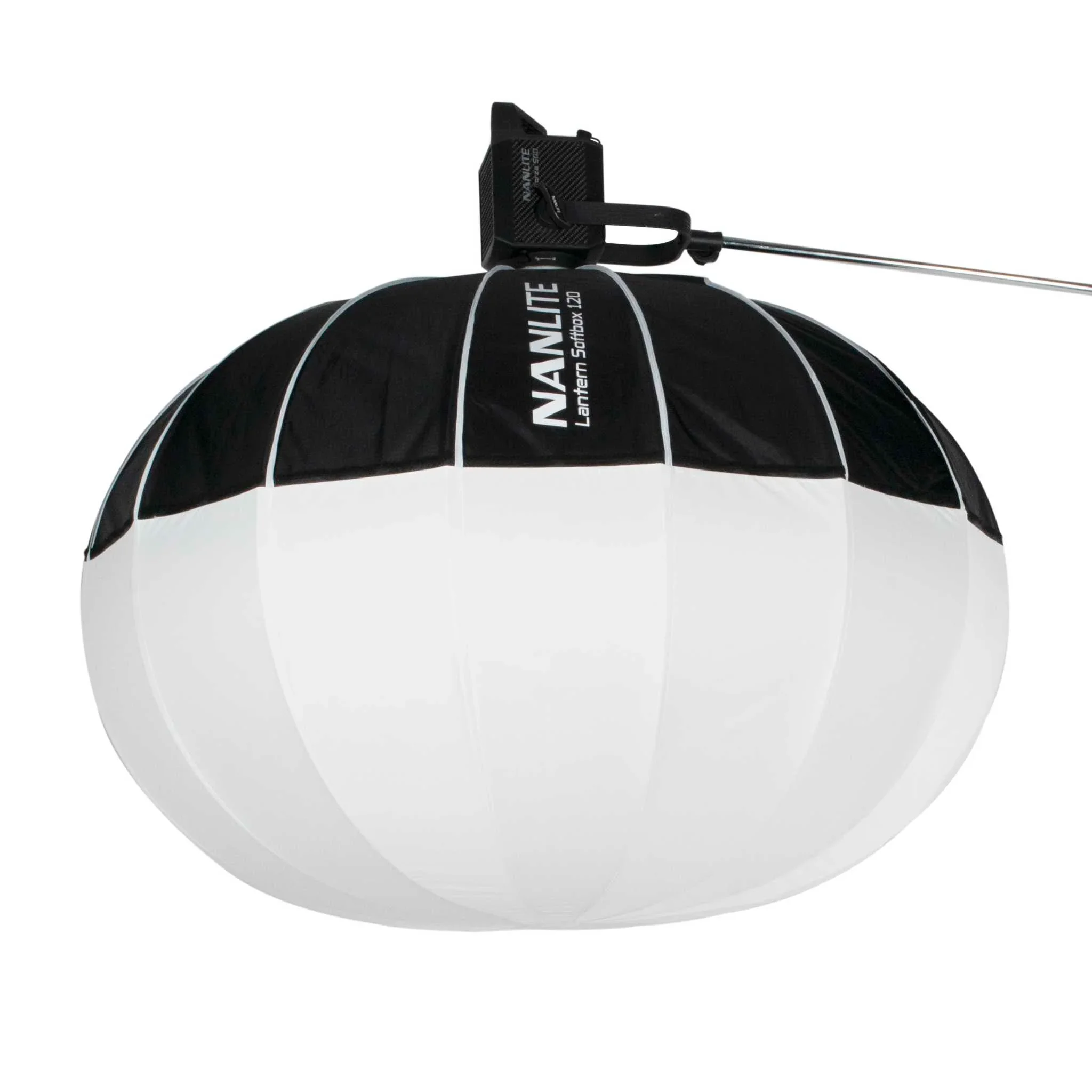 A black and white tennis server with the brand name 'NANLITE' on its top, mounted on a white spherical object resembling a tennis ball.
