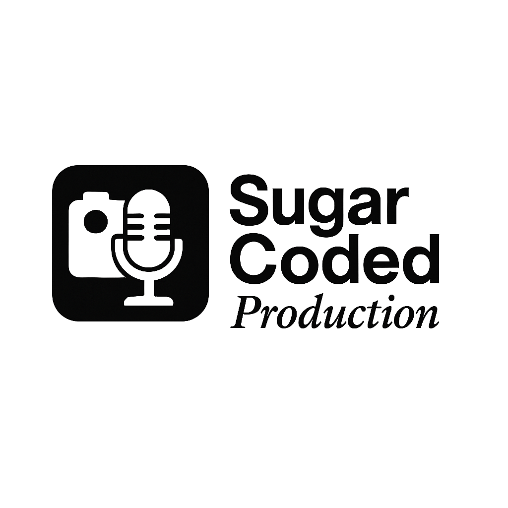 The image is a dark logo with a microphone and a bottle icon on the left, and the text 'Sugar Coded Production' on the right.
