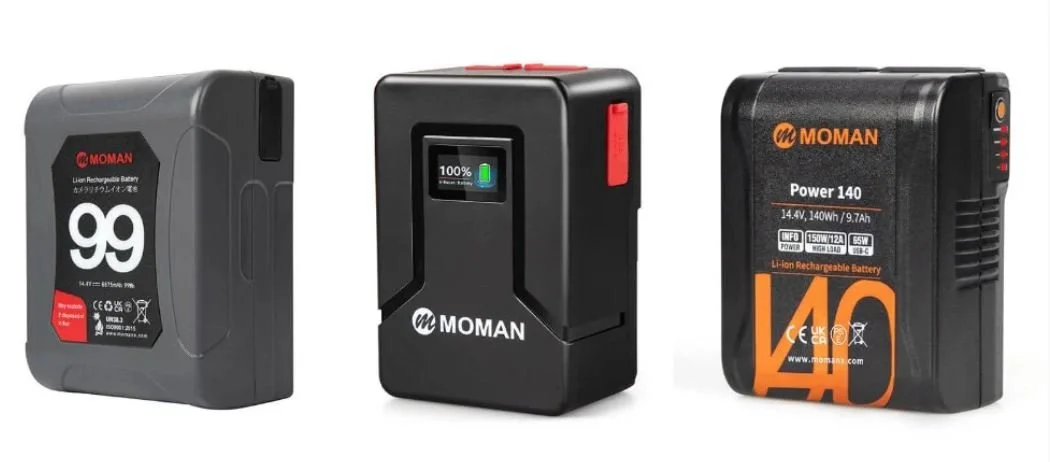 Three rechargeable batteries of different sizes and models from Moman, a camera and power supply brand.